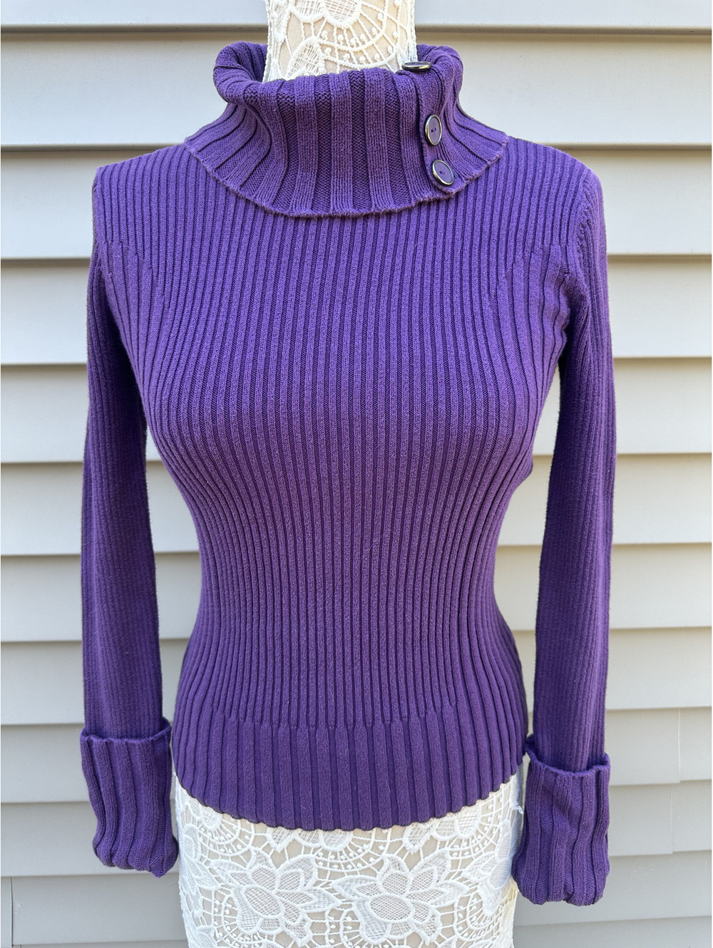 DKNY Jeans Purple Ribbed Turtleneck Sweater with Button Detail Cozy Fall/Winter